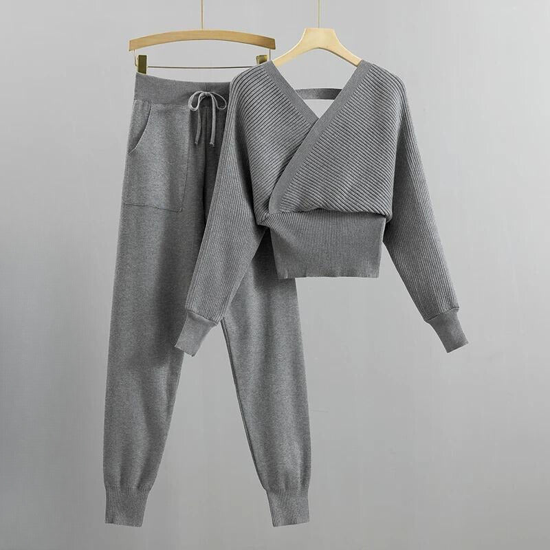 Women's spring autumn v-neck off-shoulder knitted two-piece set