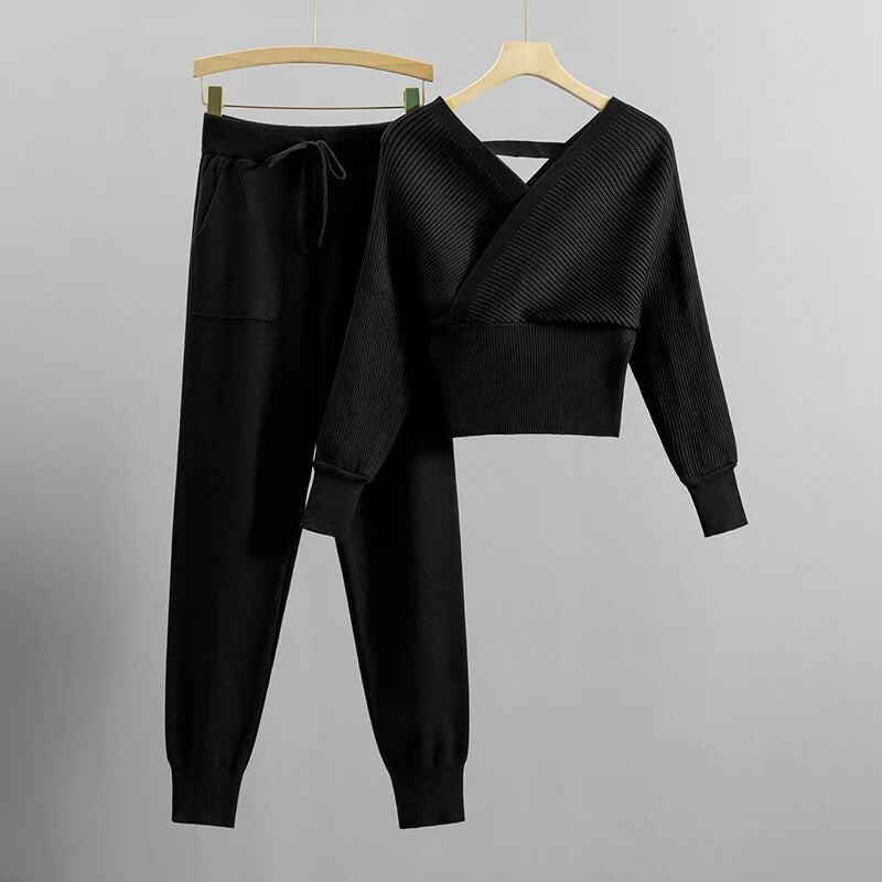 Women's spring autumn v-neck off-shoulder knitted two-piece set