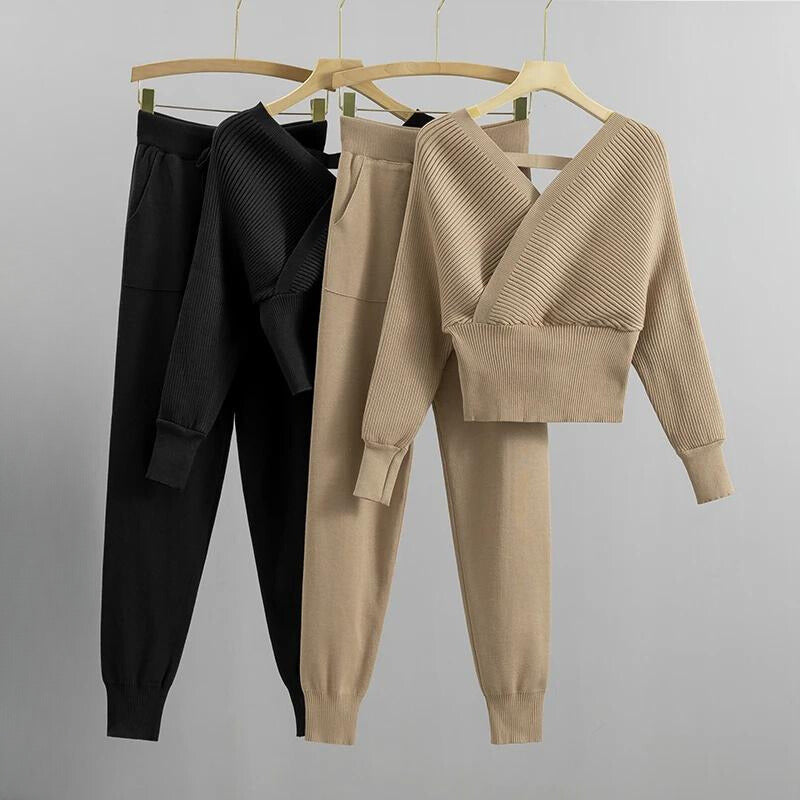 Women's spring autumn v-neck off-shoulder knitted two-piece set
