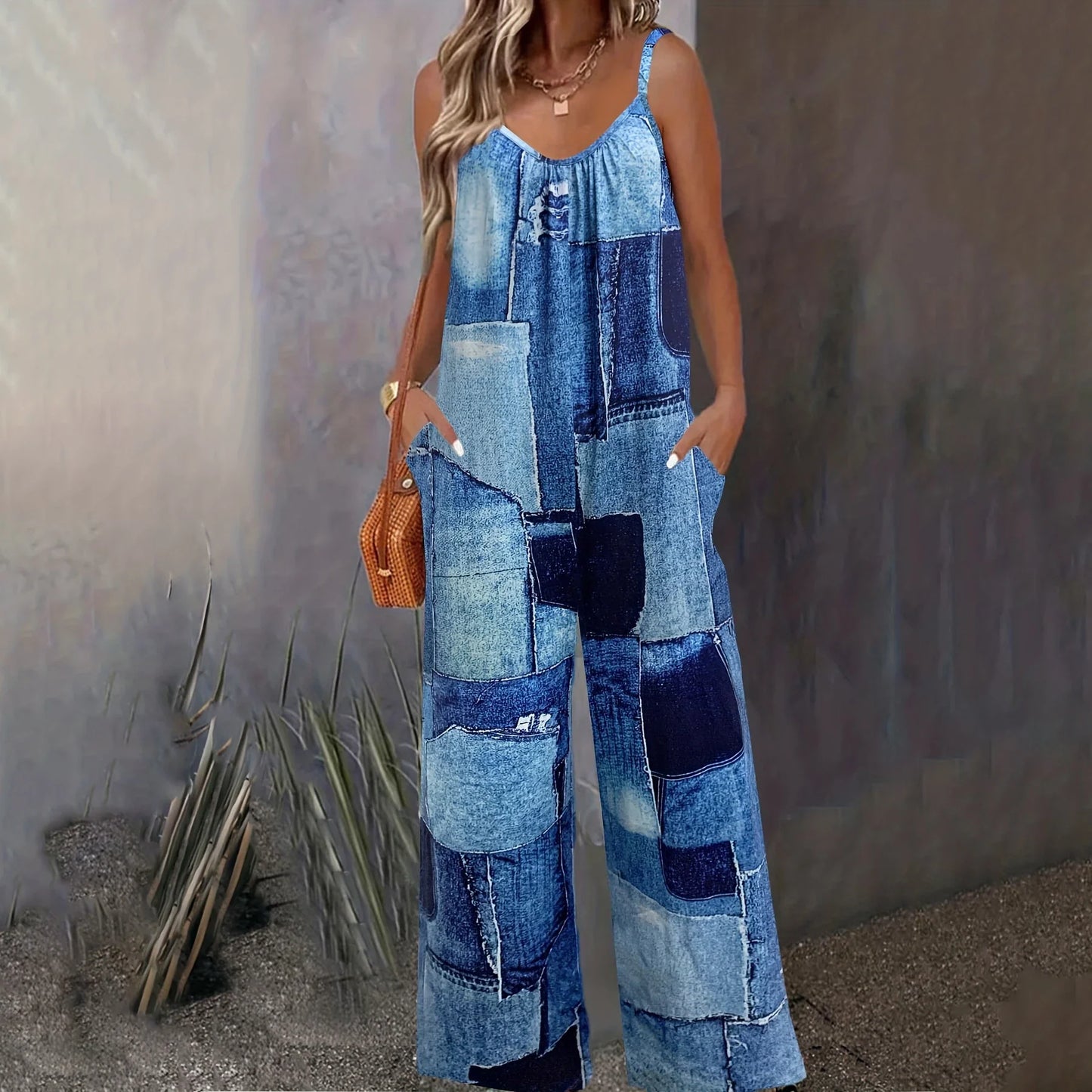 Women's Wide-Leg Jumpsuit - Sleeveless Spaghetti Strap - Patchwork Denim Look