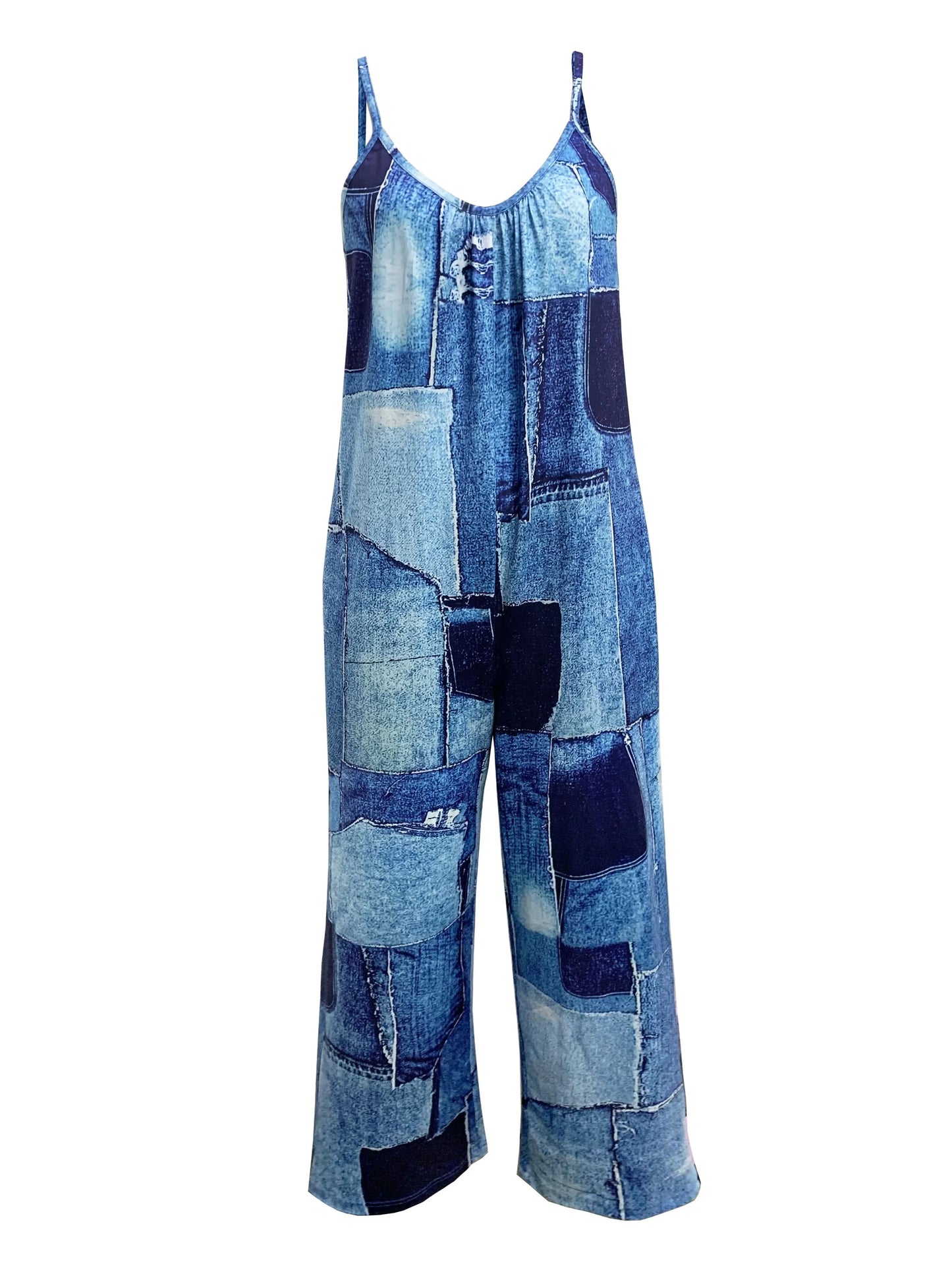 Women's Wide-Leg Jumpsuit - Sleeveless Spaghetti Strap - Patchwork Denim Look