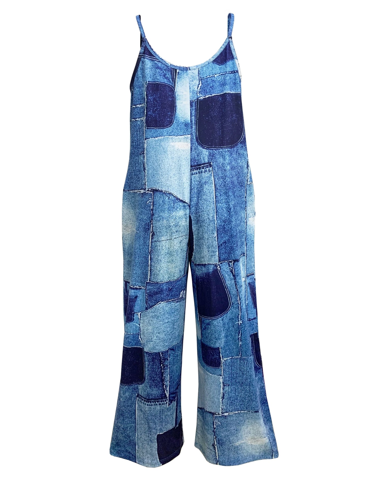Women's Wide-Leg Jumpsuit - Sleeveless Spaghetti Strap - Patchwork Denim Look