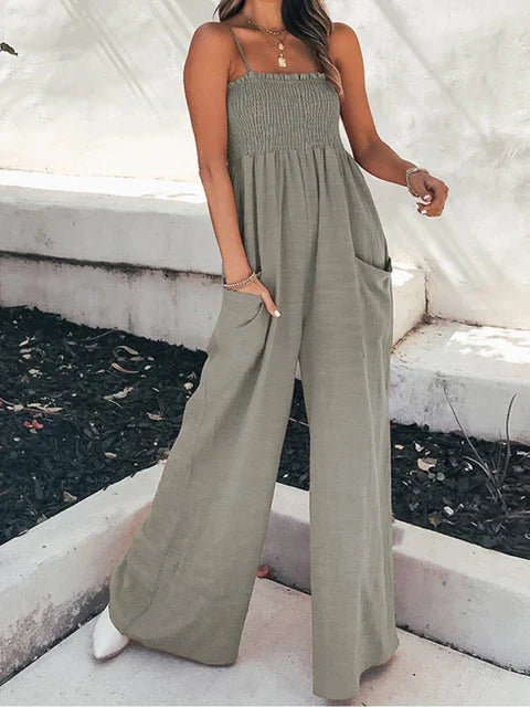 Women's Jumpsuit - Smocked Bodice - Spaghetti Straps - Wide Leg with Pockets