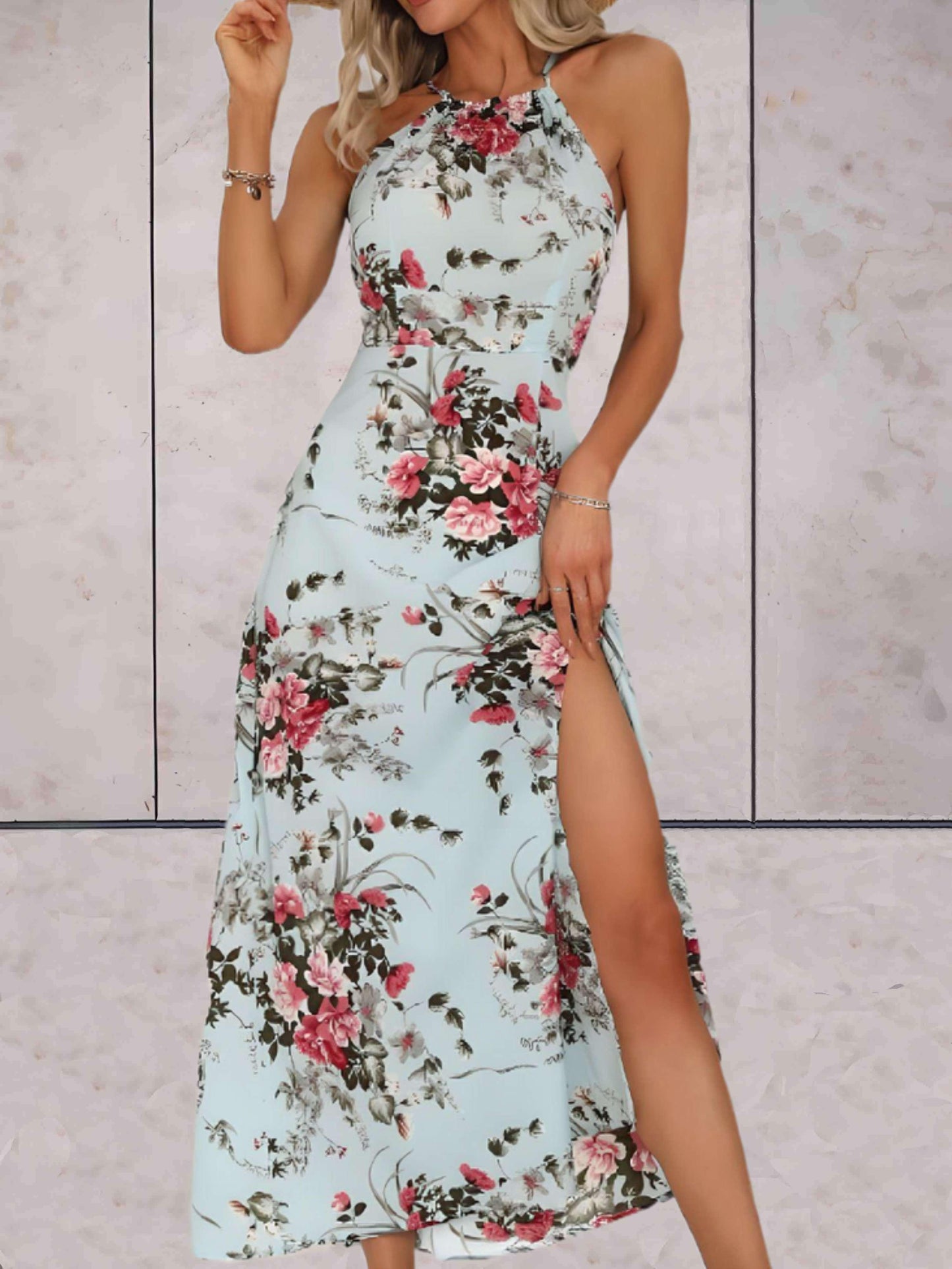 Sleeveless Summer Maxi Dress with Floral Print and Side Slit