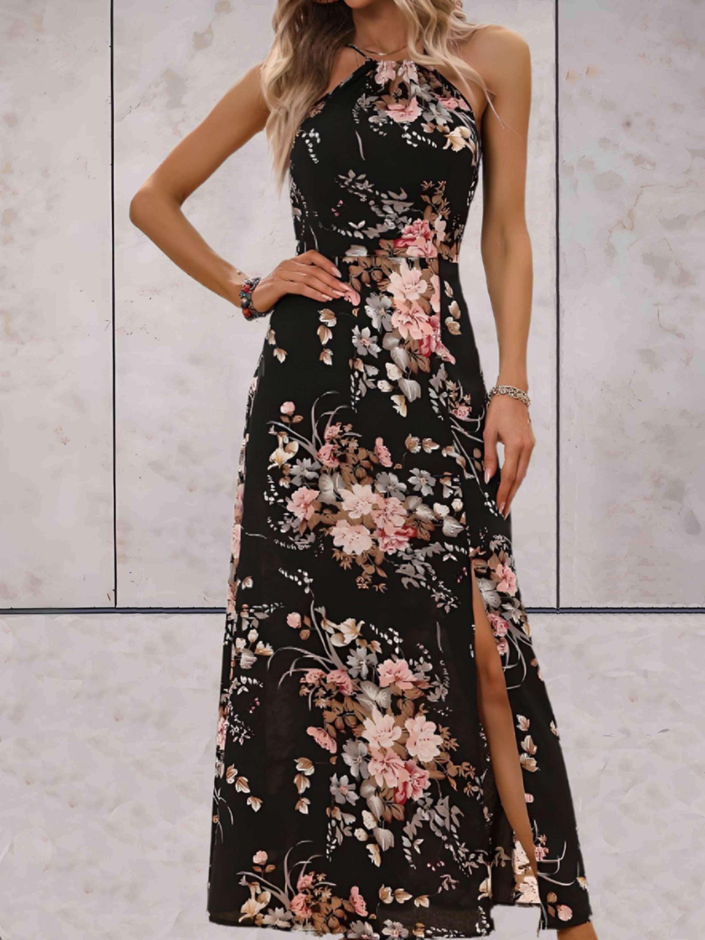 Sleeveless Summer Maxi Dress with Floral Print and Side Slit