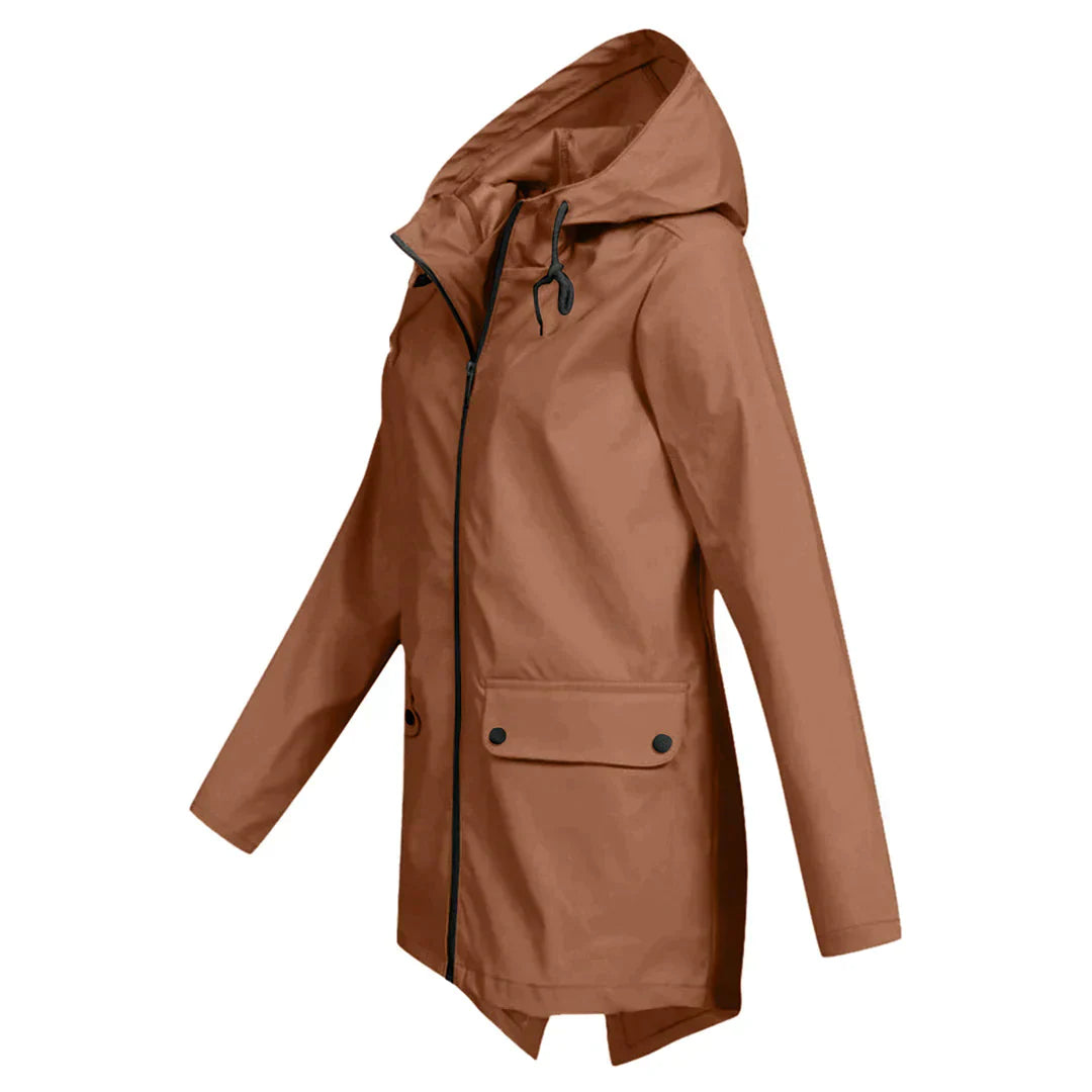Women's waterproof hooded long rain coat with zipper