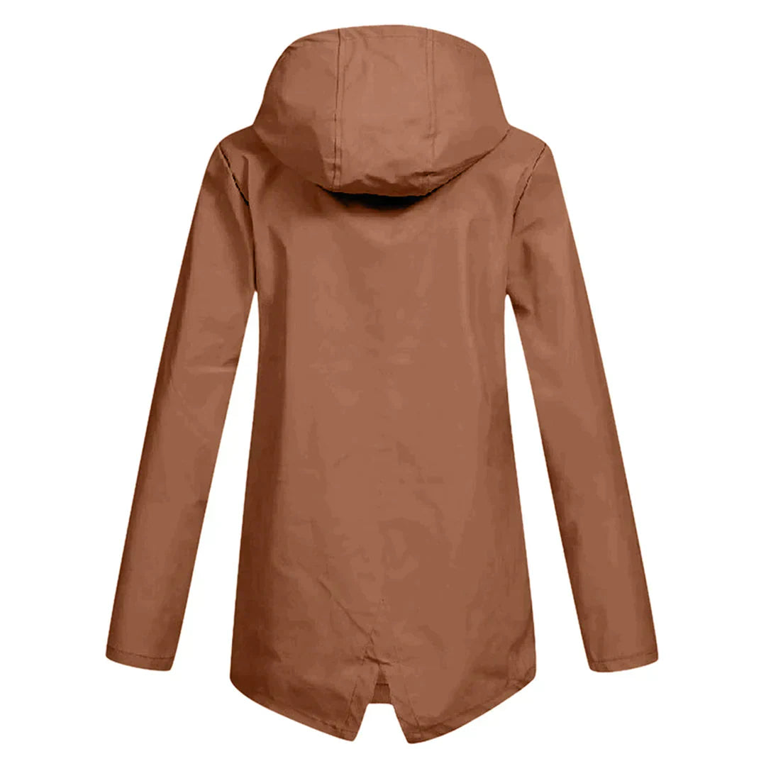Women's waterproof hooded long rain coat with zipper