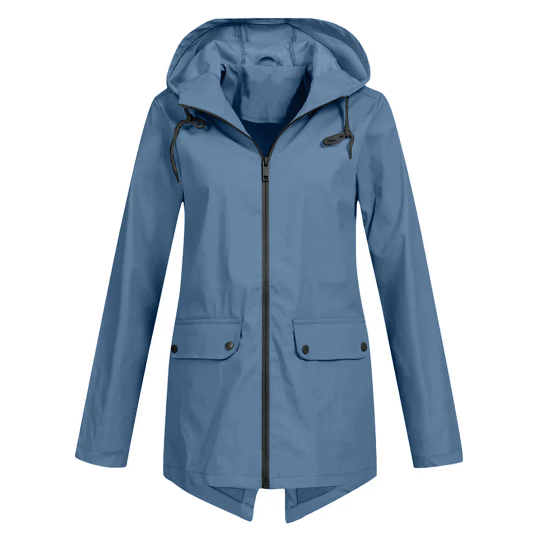 Women's waterproof hooded long rain coat with zipper