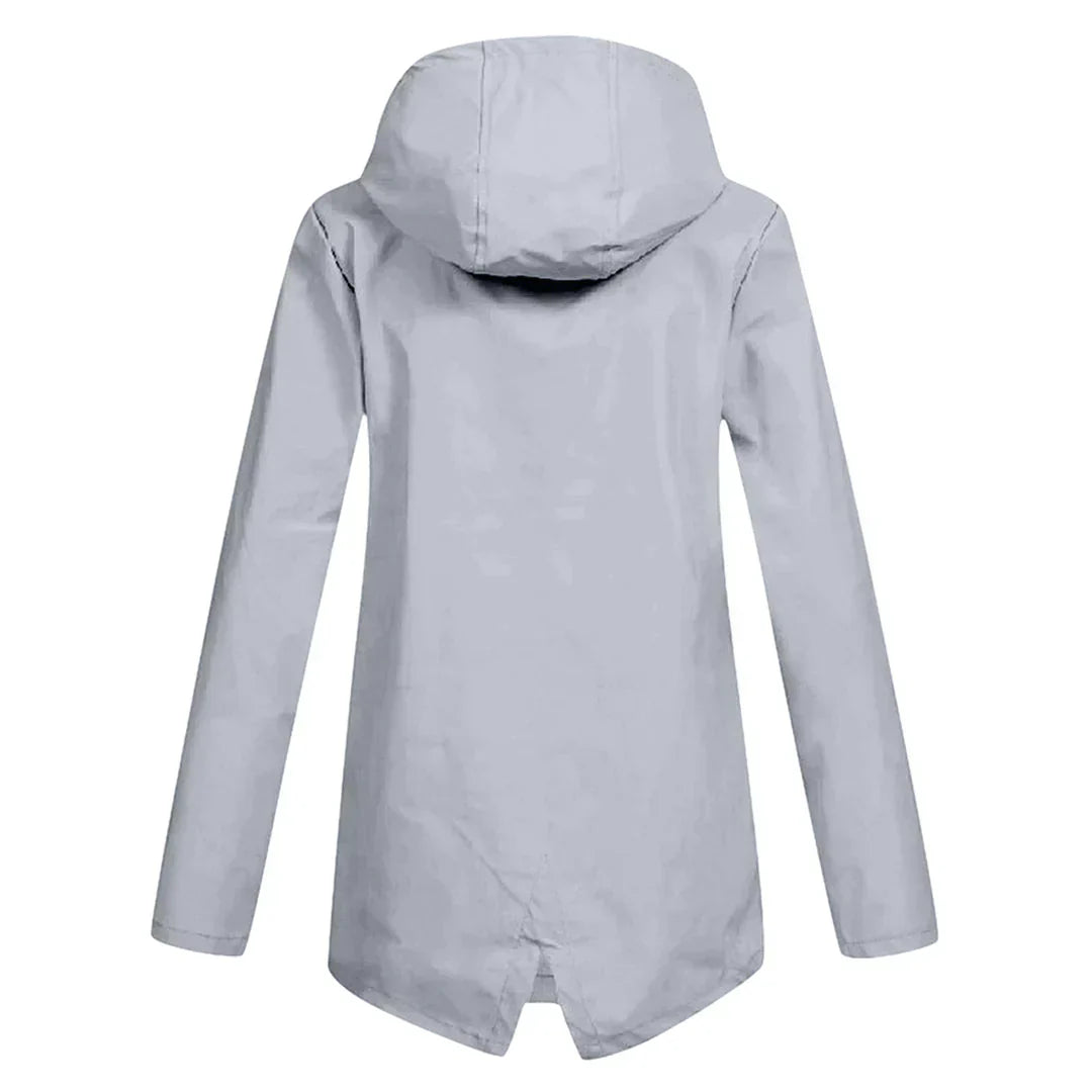 Women's waterproof hooded long rain coat with zipper