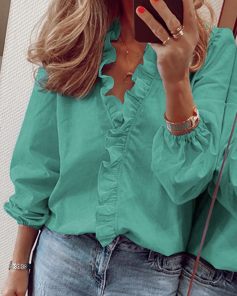 Women's Blouse - Ruffled Front - Long Sleeve Relaxed Fit - Elegant Lightweight