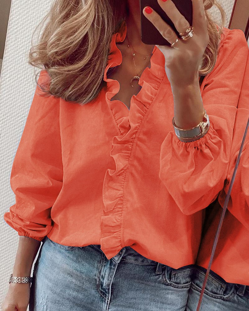 Women's Blouse - Ruffled Front - Long Sleeve Relaxed Fit - Elegant Lightweight