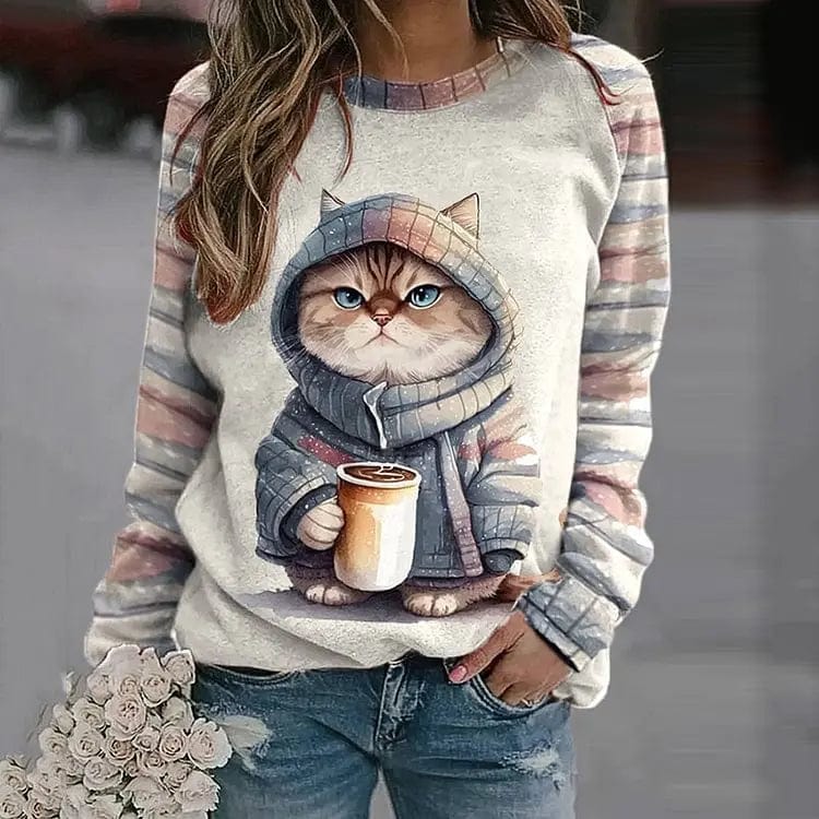 Women's cat print pullover raglan sleeve sweater