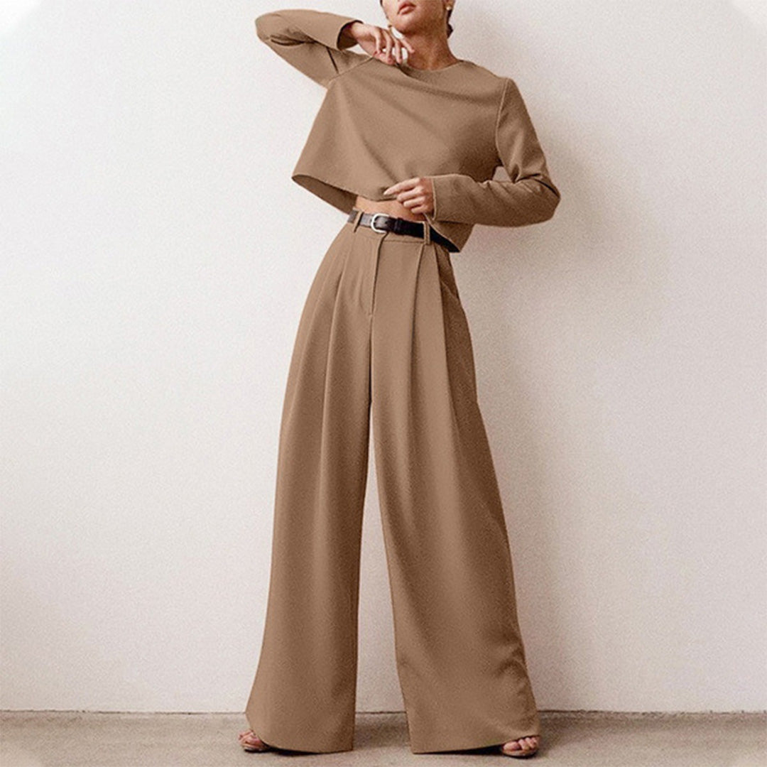 Women's casual long sleeve top and high waist wide leg trouser set
