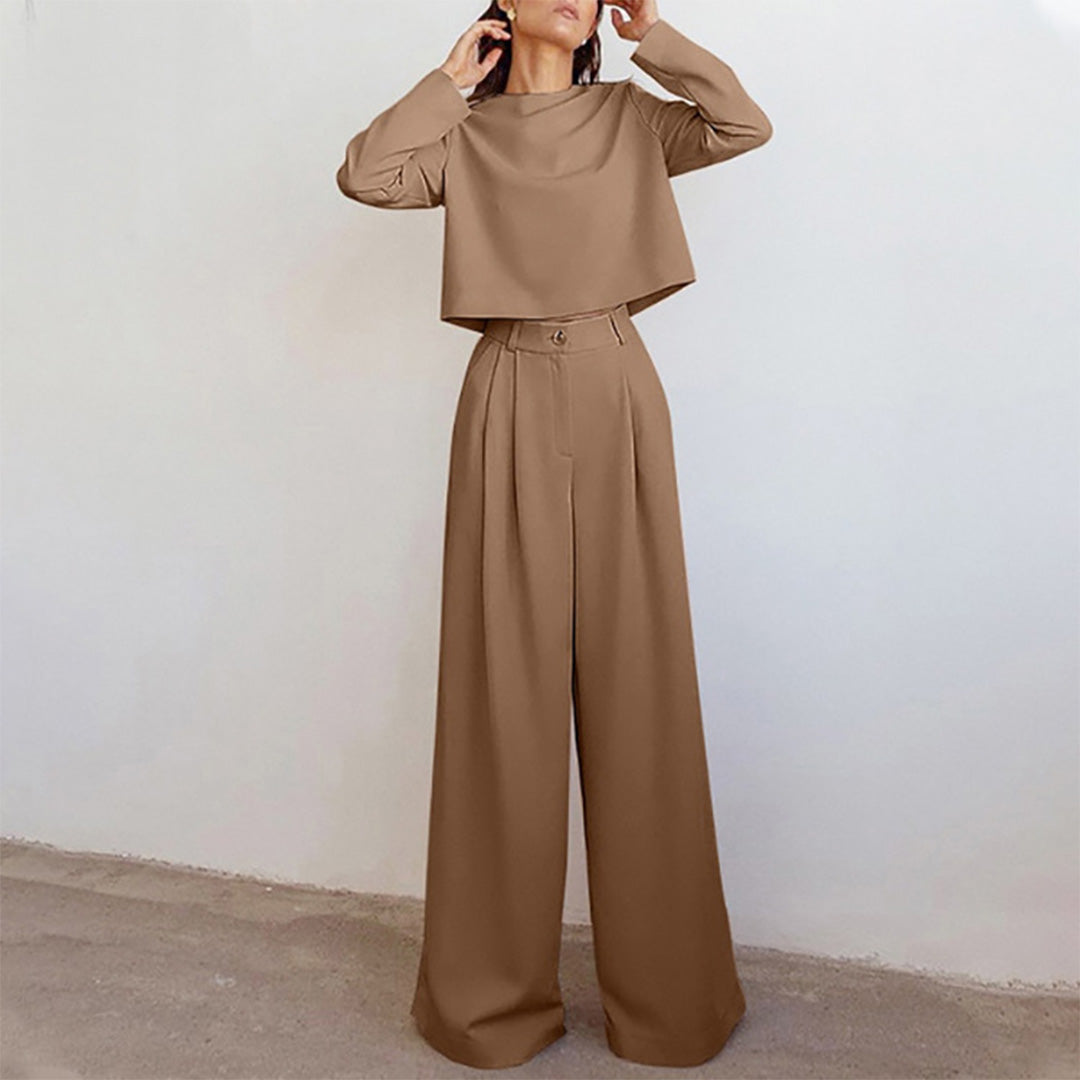 Women's casual long sleeve top and high waist wide leg trouser set