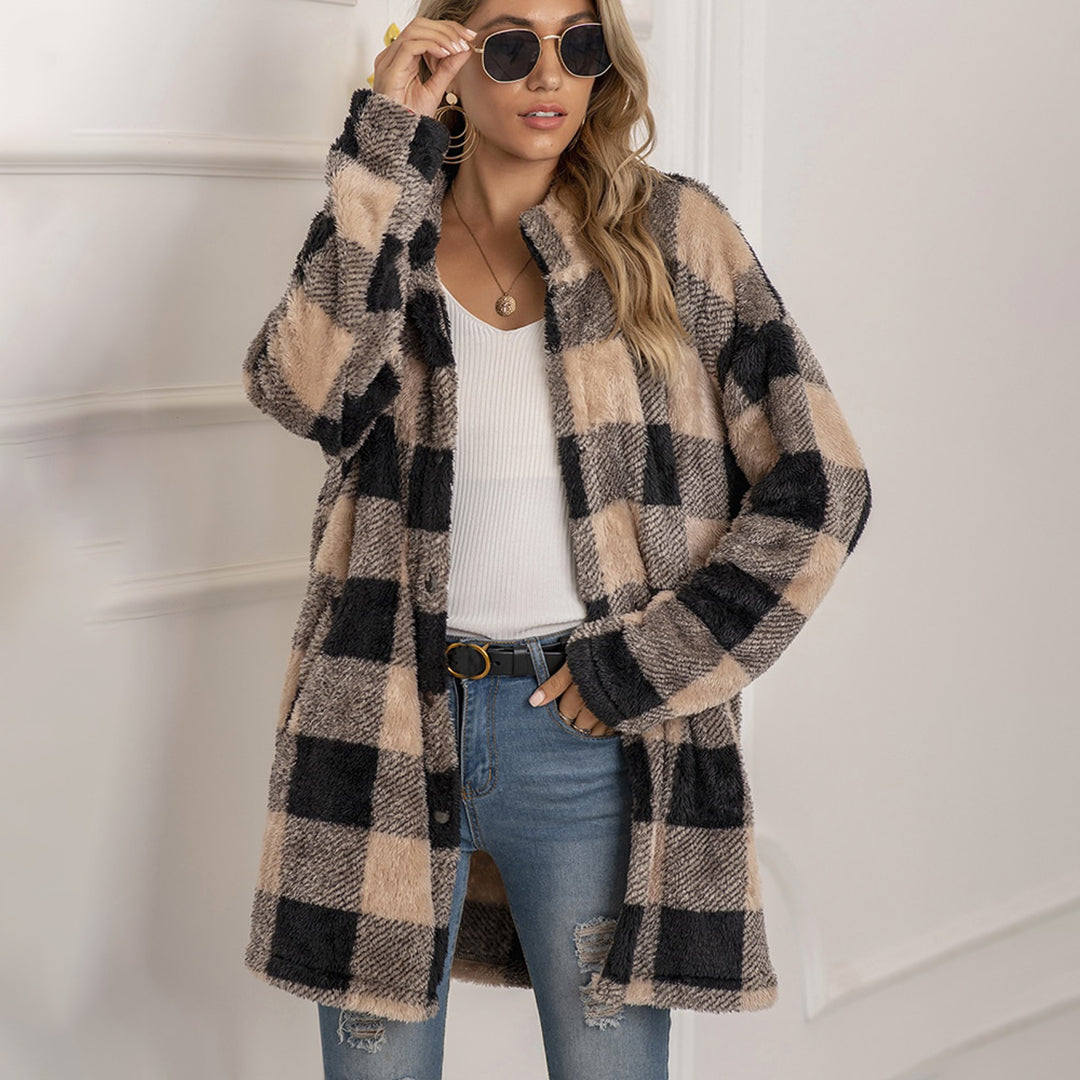 Women's plush plaid midi-length button-down coat