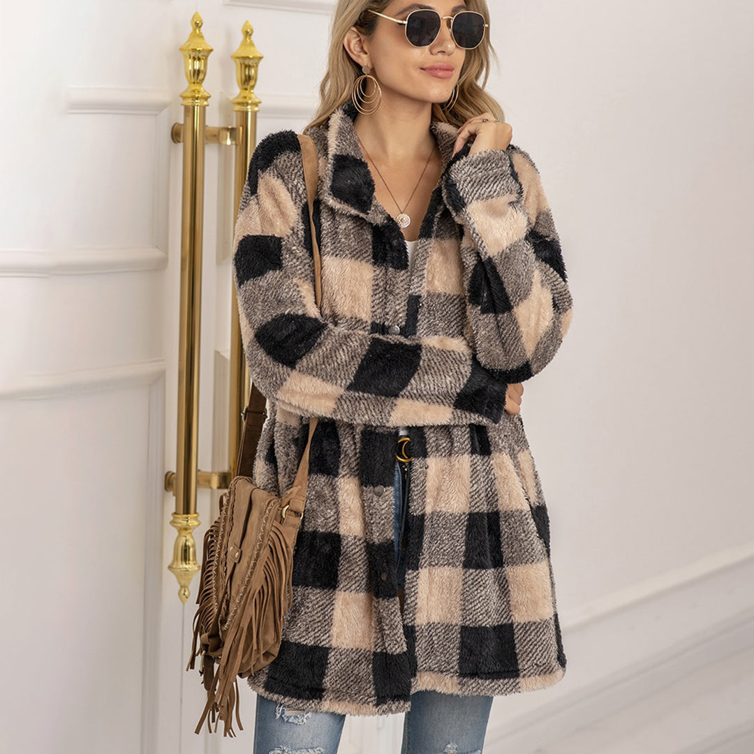 Women's plush plaid midi-length button-down coat