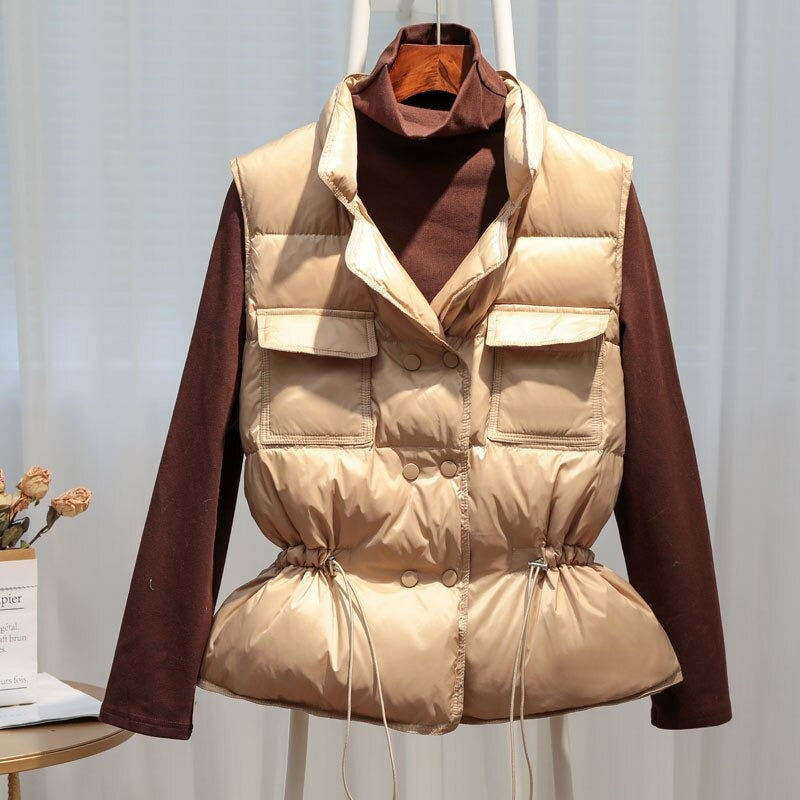 Women’s Puffer Vest – Quilted Fit – Drawstring Waist – Standing Collar – Chest Pockets