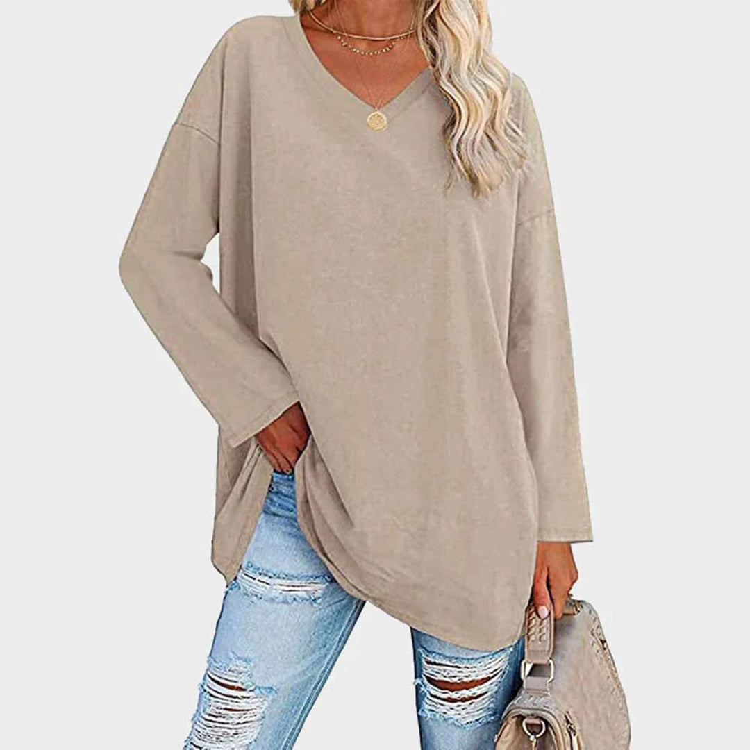 Women's Long-Sleeve Sweater - Loose Fit V-Neck - Soft Knit Casual Tunic