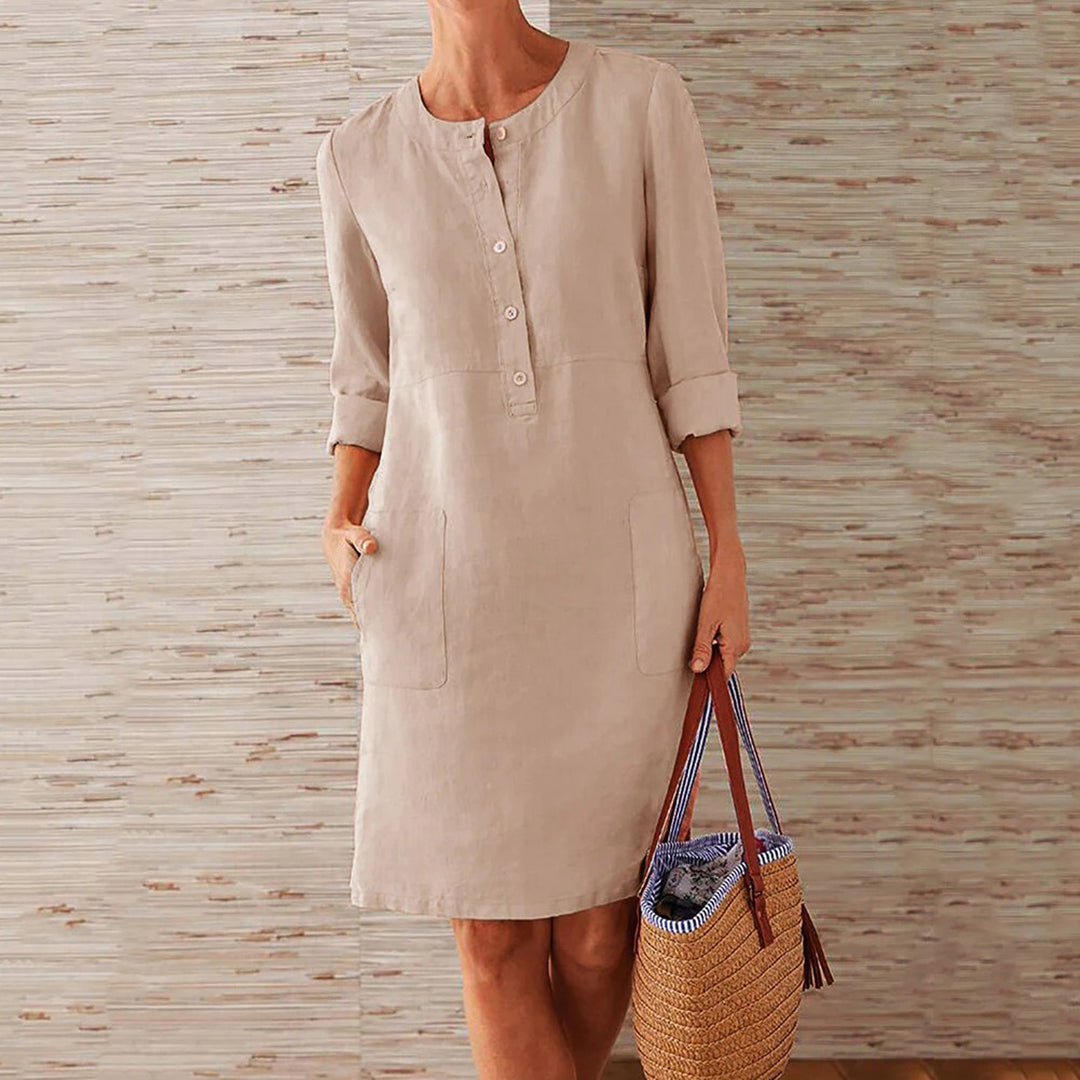 Women's Casual Dress - Knee-Length Shift Fit - Button Front - Long Sleeves