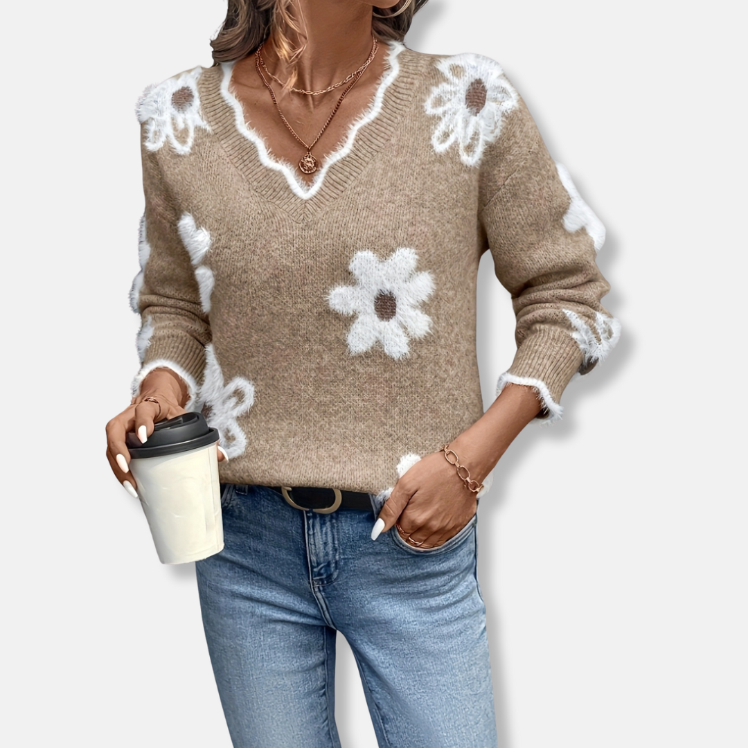 Women’s Sweater - Medium-Gauge Knit - Relaxed Fit - V-Neck - Floral Pattern