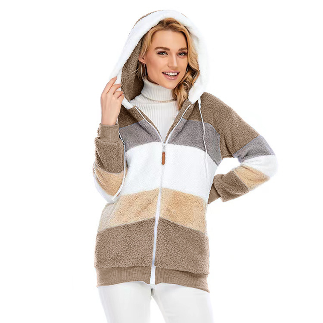 Plush hooded zipper jacket for women