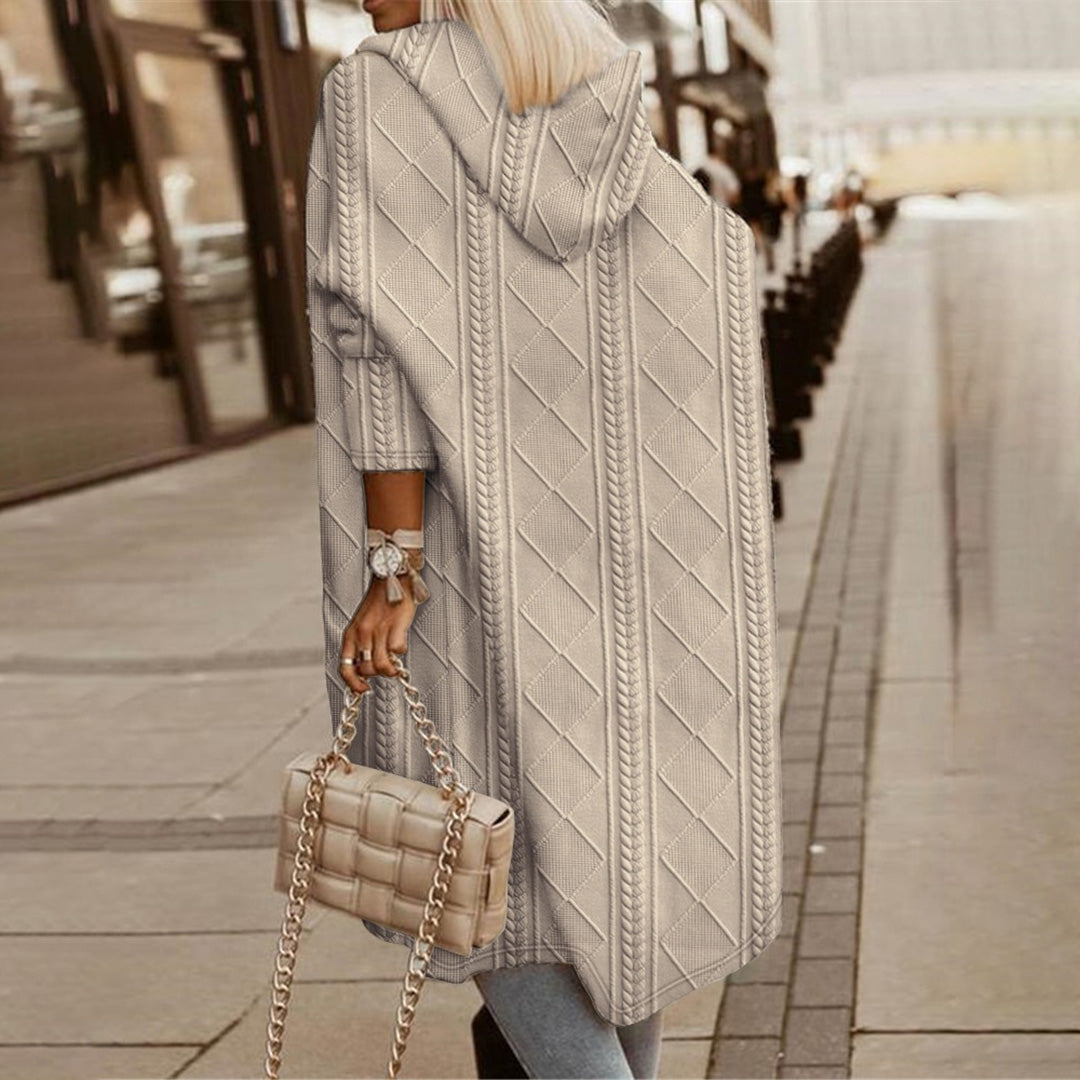 Women’s Hooded Coat – Oversized Fit – Knitted Wool – Cable Knit – Full Length – Casual