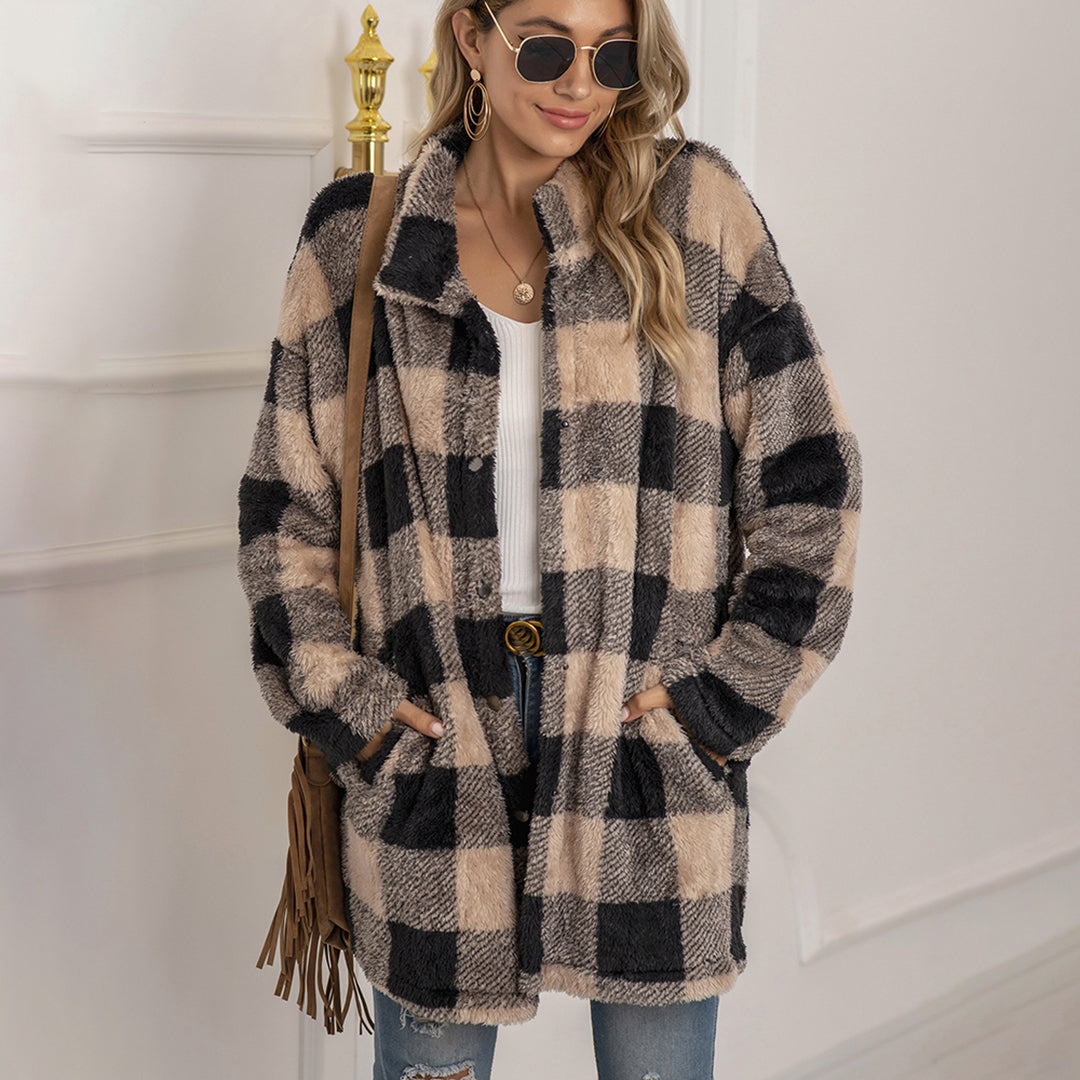 Women's plush plaid midi-length button-down coat