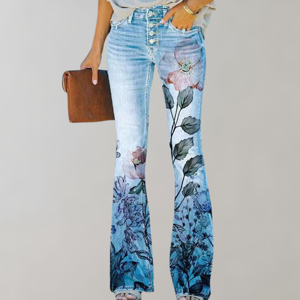 Women's peacock pattern casual jeans twill fabric trousers
