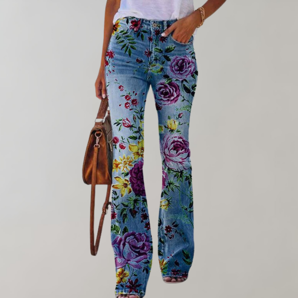Women's peacock pattern casual jeans twill fabric trousers
