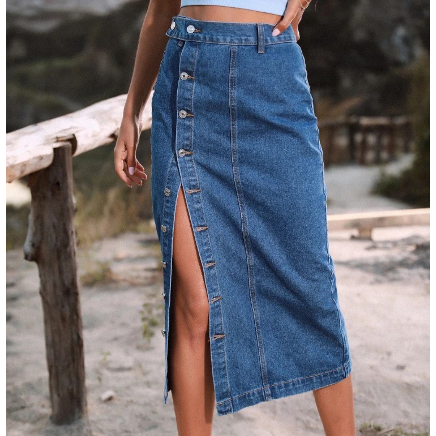 Joanne - Button Split Design Blue Long Skirt