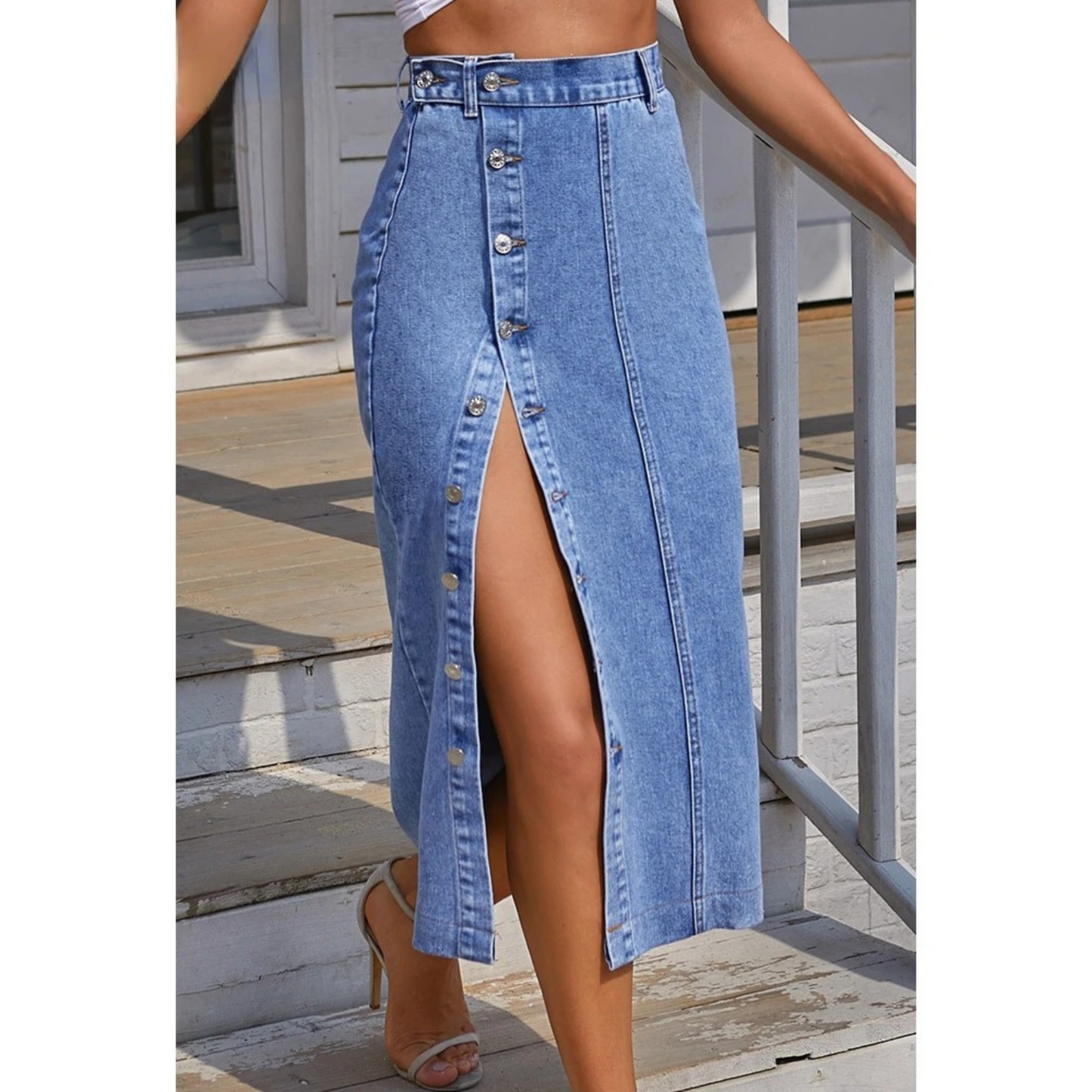 Joanne - Button Split Design Blue Long Skirt