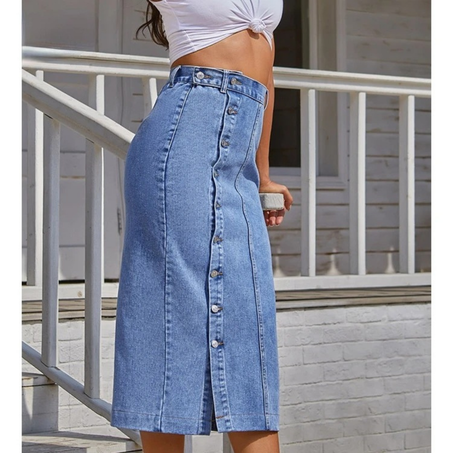 Joanne - Button Split Design Blue Long Skirt