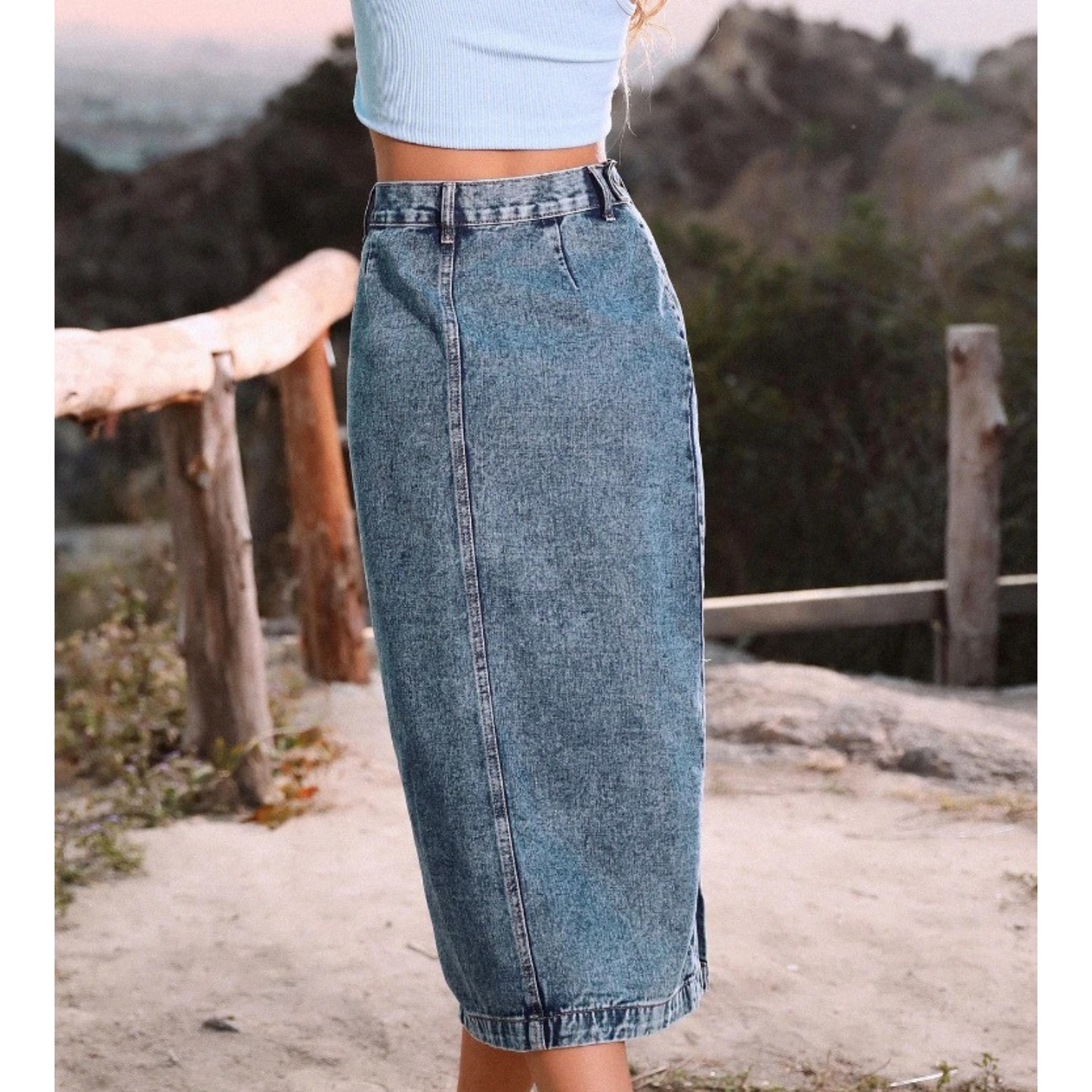 Joanne - Button Split Design Blue Long Skirt