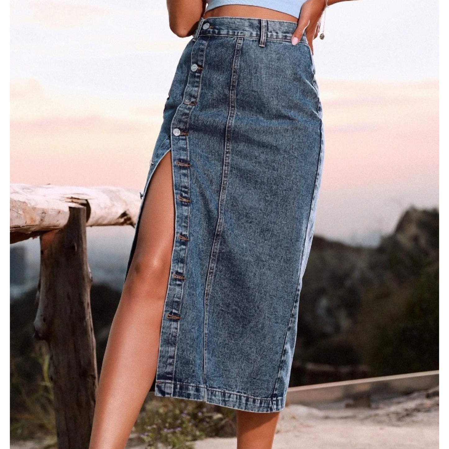 Joanne - Button Split Design Blue Long Skirt
