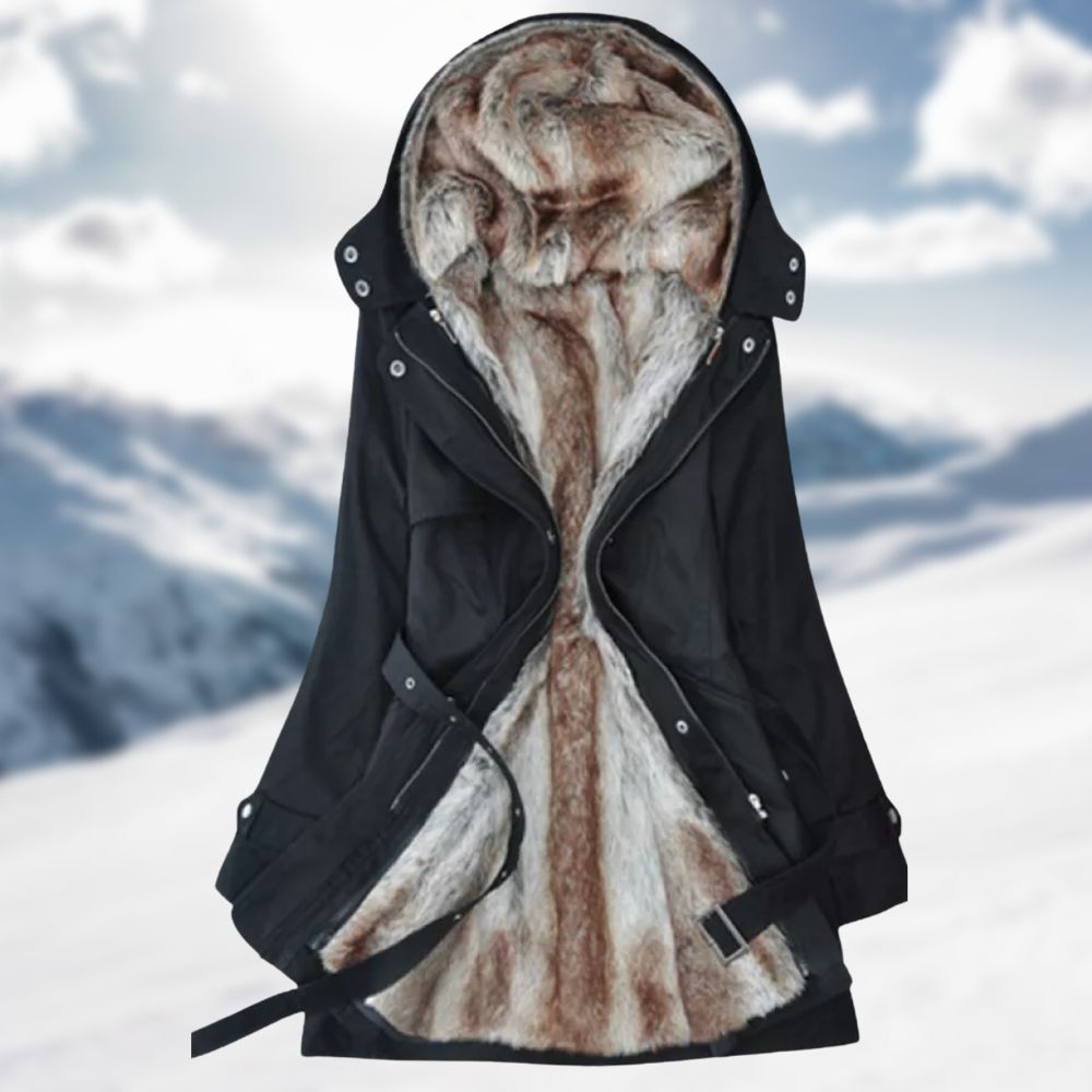 Women's elegant hooded parka with belt, stylish winter outerwear, warm fashion