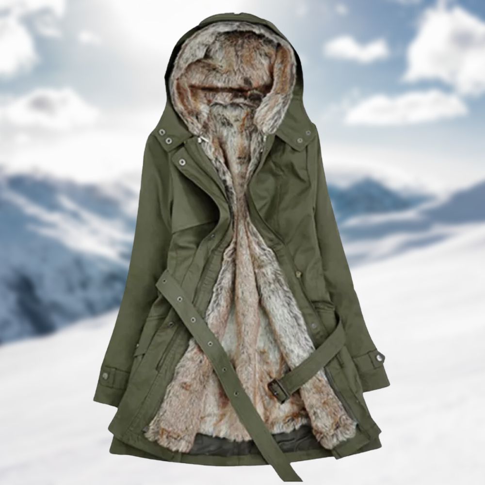 Women's elegant hooded parka with belt, stylish winter outerwear, warm fashion
