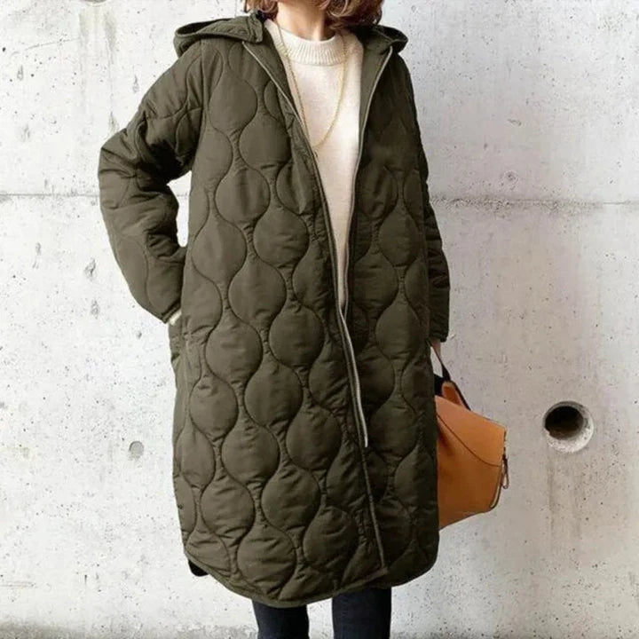 Women’s Quilted Jacket – Oversized Fit – Hooded Long Length – Zip Front Closure