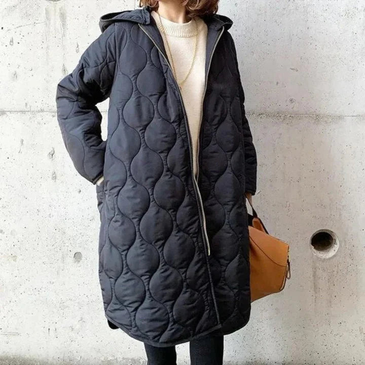 Women’s Quilted Jacket – Oversized Fit – Hooded Long Length – Zip Front Closure