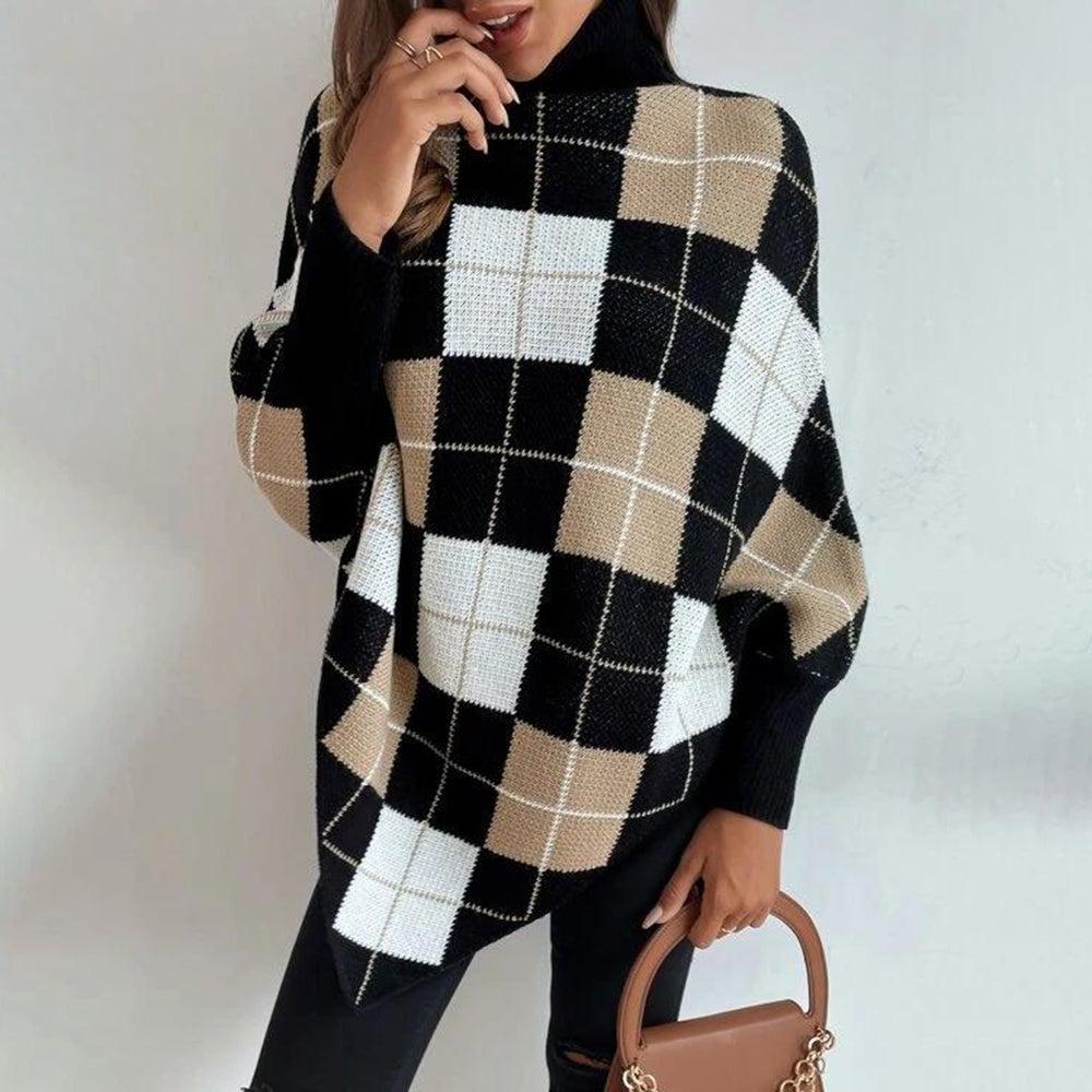 Plaid Jacquard High Collar Cape Sweater