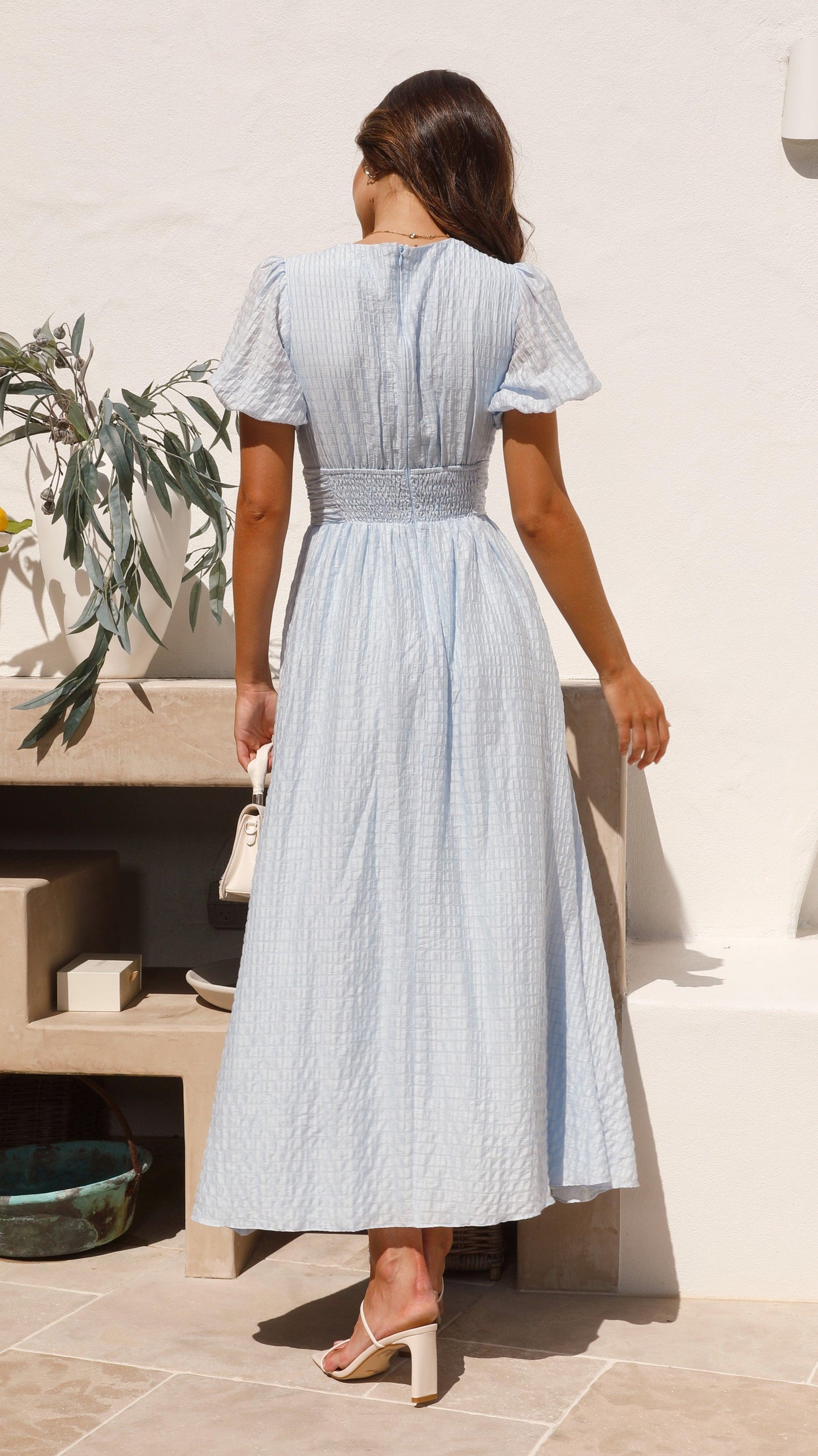 Women’s Maxi Dress – V-Neck – Puff Sleeves – Front Buttons – Breathable Blend – Flowy Fit