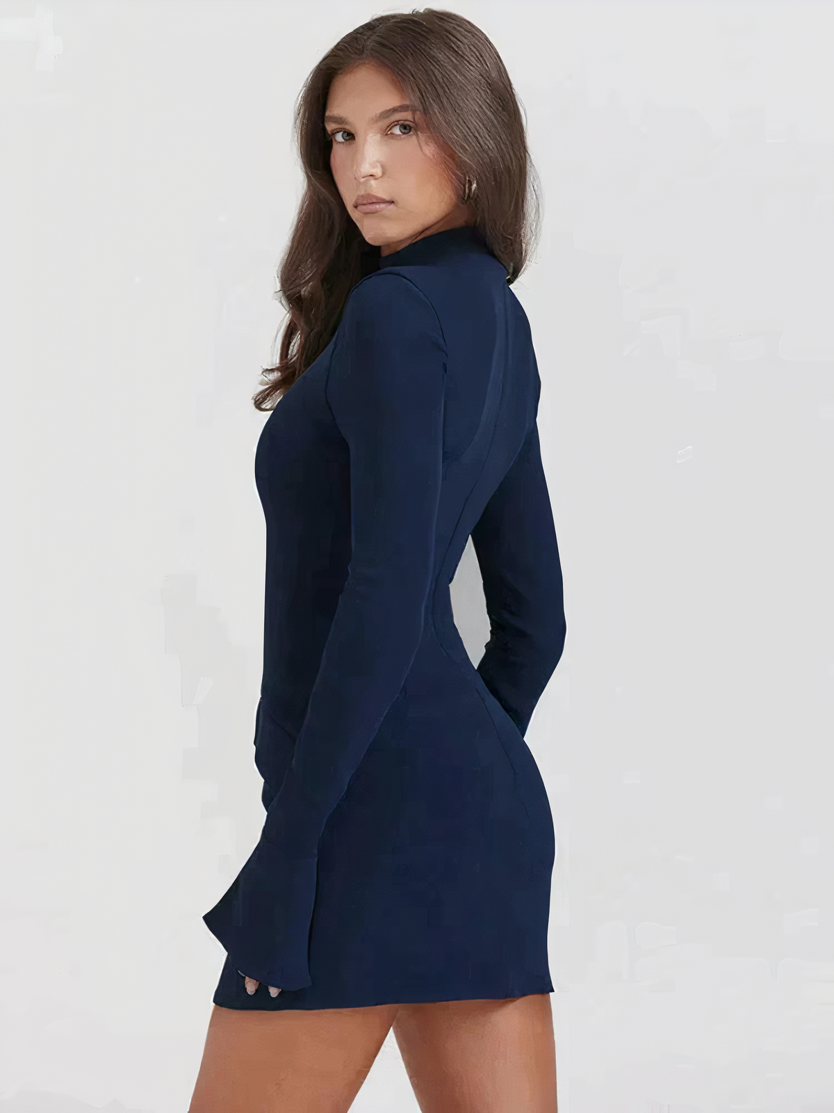 Women's Mini Dress - Fitted Long Sleeve - High Neck - Elegant Waist Detailing
