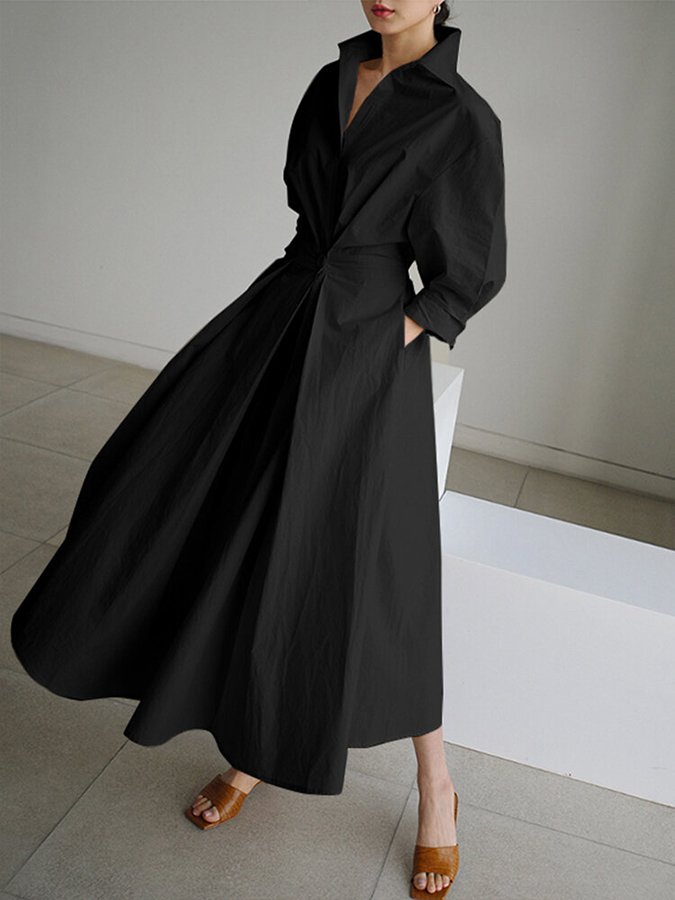 Women’s Midi Shirt Dress – Belted Waist – Collared Neck – Long Sleeve – Button Front