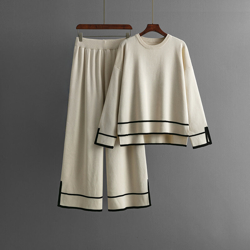 Women's slit long-sleeved knitwear high-waisted wide-leg pants two-piece set