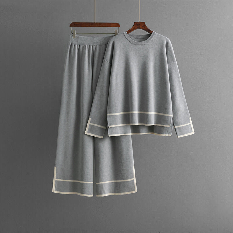 Women's slit long-sleeved knitwear high-waisted wide-leg pants two-piece set