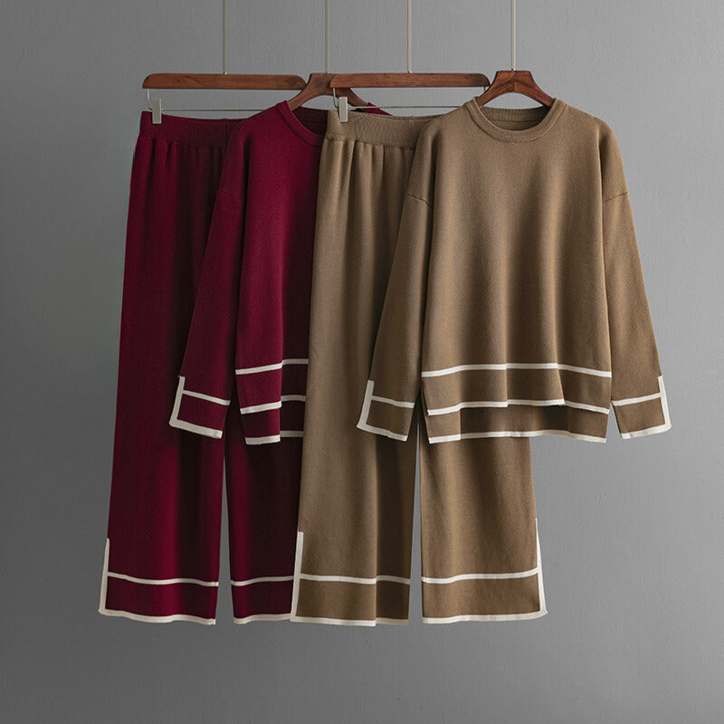 Women's slit long-sleeved knitwear high-waisted wide-leg pants two-piece set