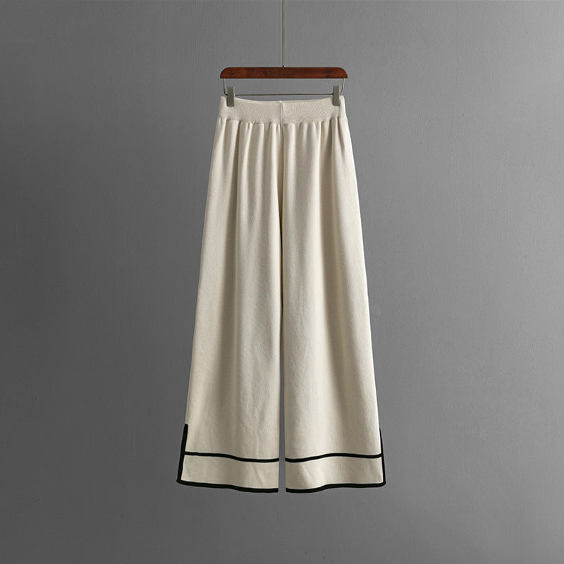 Women's slit long-sleeved knitwear high-waisted wide-leg pants two-piece set
