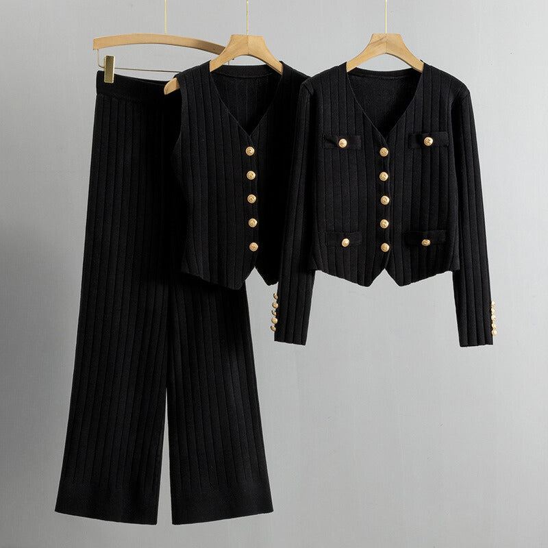Women's long-sleeved single-breasted knitted jacket vest high-waisted wide-leg pants set