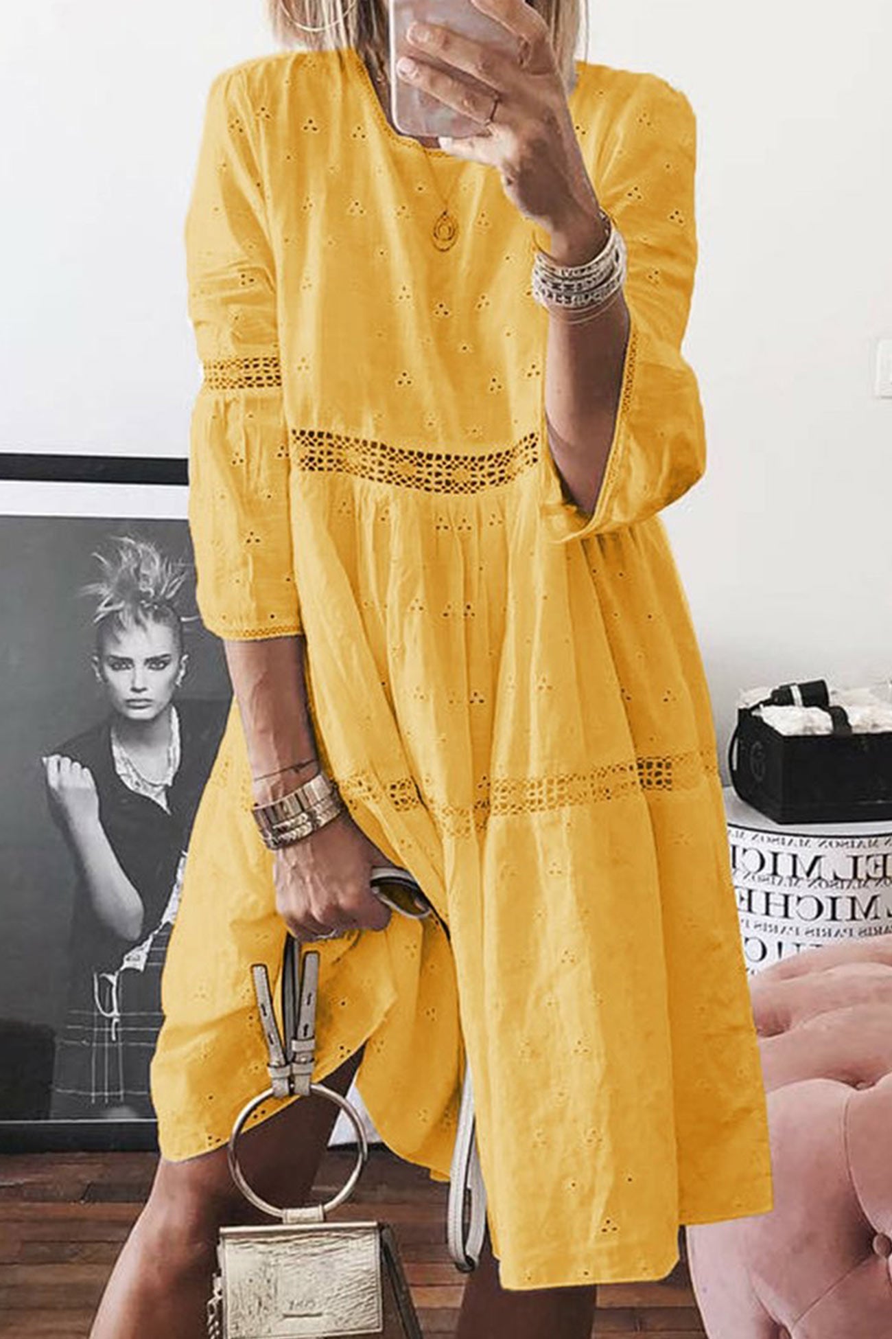 Women's Embroidered Shift Dress - Eyelet Lace - Loose Fit - 3/4 Sleeve Casual Wear