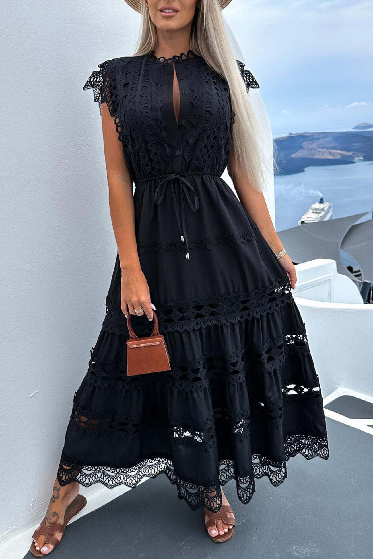 Women's Maxi Dress - Button-Down Front - Lace Detailing - Tiered Flowy Skirt