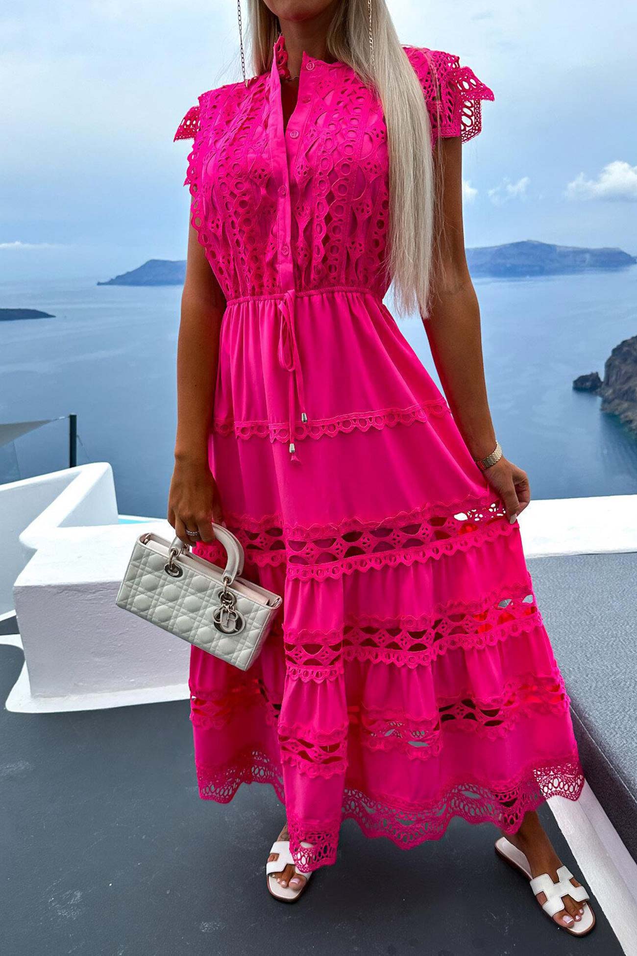 Women's Maxi Dress - Button-Down Front - Lace Detailing - Tiered Flowy Skirt